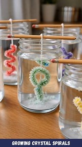 🧪 Crystal Growing Experiment in Jars ✨ Wait for it… crystals slowly grow right before your eyes. This calm and mesmerizing science experiment is perfect for curious kids and hands-on learning at home. Materials Needed - Clear glass jars - Hot water - Borax powder - Pipe cleaners (different colors & shapes) - String - Pencils Instructions 1. Fill each glass jar with hot water. 2. Add borax using a spoon and stir gently until fully dissolved. 3. Shape the pipe cleaners and tie each one to a strin