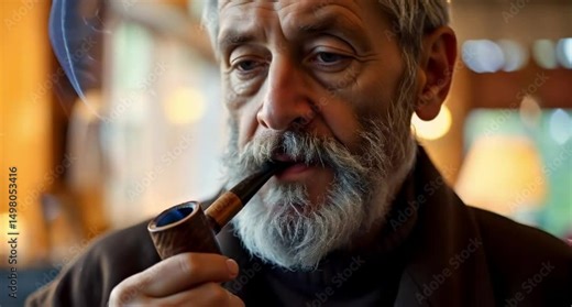 Elderly man smoking pipe while deep in thought indoors