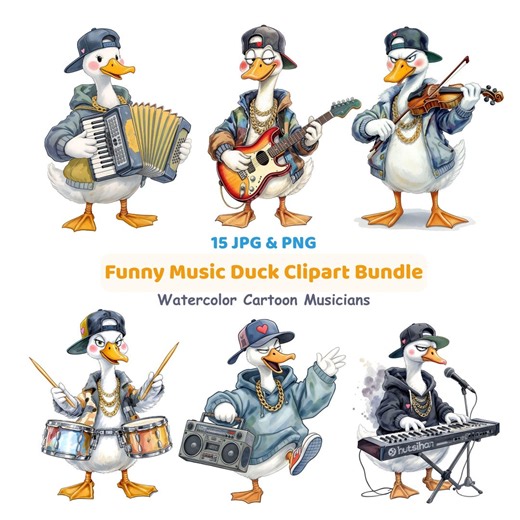 Funny Duck Clipart Set – Watercolor Cartoon Duck Musicians, 15 PNG and JPG Images, Digital Download - Etsy