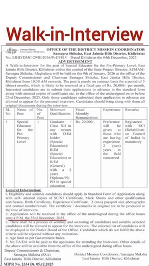 Walk in Interview | Samagra Shiksha |East Jaintia Hills