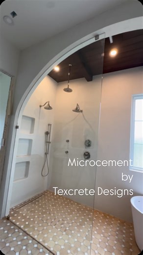 Transform any space with microcement. At Texcrete Designs we offer sales, installation & training of waterproof microcement.#microcement #microcemento #cimentart #microcementtraining #dallasinteriordesign #sanantoniointeriordesign #austininteriors #tilelessbathroom #walldecor #houstoninteriordesign | TexCrete Designs
