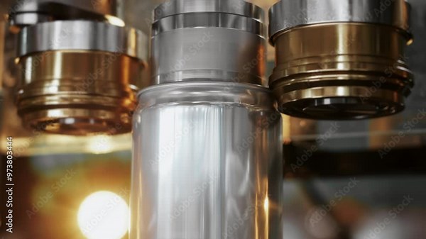 Close-up of automated aluminum can filling on industrial beverage production line.