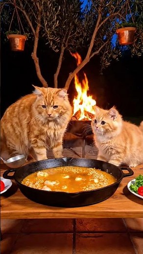 Mother Cat & Kitten Cook Spanish Paella on Open Fire Together 🔥🥘 #cat #funnycats