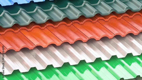 Different types of roof coating. Layers of sheet metal profiles, ceramic tiles and others. 3d