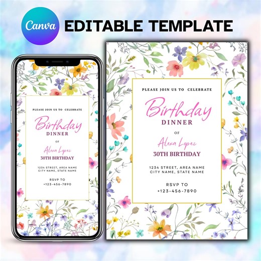 Floral Dinner Party Invitation, Editable Printable Flowers Invite, Birthday Invitation, Celebration Party, Canva Editable - Etsy