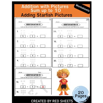 Addition with Pictures Sum up to 10 Worksheets - Adding Starfish Pictures