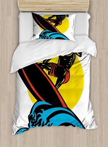 Ride The Wave Twin Size Duvet Cover Set, Dude Surfing the Big Waves in Ocean Exotic Sports Sea Beach Hobby Graphic Art, Decorative 2 Piece Bedding Set with 1 Pillow Sham, Multicolor, by Ambesonne