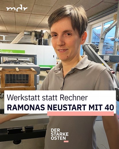 117K views · 2.2K reactions | "Holz fühlt sich gut an, riecht gut und macht glücklich." 蝹 Ramona hat ihren Bürojob gegen Sägespäne getauscht und mit 40 Jahren nochmal ganz neu als Tischlerin in Ahlum bei Rohrberg angefangen. Was sie vorher am Rechner konstruiert hat, baut sie heute mit eigenen Händen. Und zeigt, dass Neuanfänge keine Altersfrage sind.  | Der starke Osten | Facebook