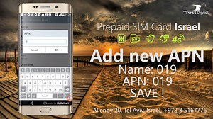 APN Settings for 019 Mobile - Prepaid SIM Card Israel We provide an online platform to Recharge 019 Mobile SIM cards, we work with a leading telephone operators in Israel and free Israeli SIM card for starter pay as you go plan. To recharge your 019 Mobile prepaid SIM Card: https://www.pcworks.co.il/shop/recharge-019-mobile-israeli-sim-card/ Israeli Prepaid SIM card starter plan by 019 Mobile: https://www.pcworks.co.il/shop/israeli-prepaid-sim-card-starter-019-mobile/ | Israeli esim / sim card