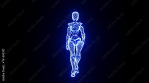 Spinning robot hologram made of scrolling binary code. Concept of global data. Looping animation transparent background