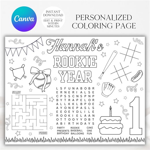 Girl Rookie Year Coloring Page, Baseball Party, Baseball Birthday, Birthday Activity, Rookie Year, Baseball Coloring, Placemat, A166 - Etsy UK
