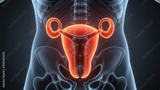 High-resolution 3D medical illustration showing the female reproductive system with uterus, fallopian tubes, and ovaries highlighted inside a semi-transparent human body. Suitable for gynecology