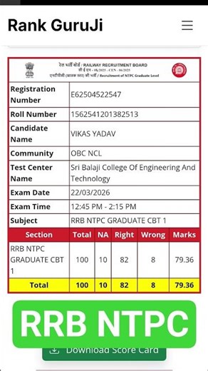 RRB ntpc marks after answer key