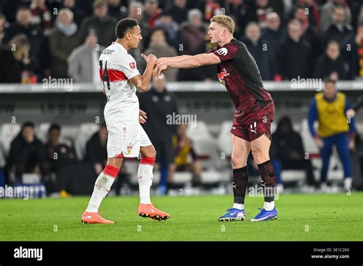 Stuttgart, Germany. 15th Mar, 2026. Soccer, Bundesliga, VfB Stuttgart - RB Leipzig, Matchday 26, MHPArena. Luca Jaquez (l, VfB Stuttgart) and Conrad Harder (RB Leipzig) tussle. The match ended 1:0. Credit: Harry Langer/dpa - IMPORTANT NOTE: In accordance with the regulations of the DFL German Football League and the DFB German Football Association, it is prohibited to utilize or have utilized photographs taken in the stadium and/or of the match in the form of sequential images and/or video-like 
