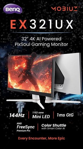 The BenQ MOBIUZ EX321UX is a 32" 4K UHD IPS gaming monitor with a 144Hz refresh rate and 1ms response time for ultra-smooth performance. It features HDRi technology, immersive audio, and adaptive sync for an exceptional gaming and entertainment experience. Buy now: https://www.startech.com.bd/benq-mobiuz-ex321ux-32-inch-gaming-monitor | Star Tech Ltd.