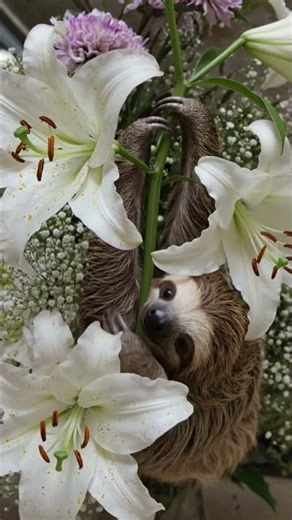 funny sloths hang from the white lilly #youtubeshorts