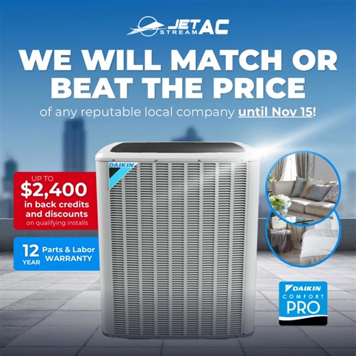 ✨ Bayou Country Homeowners — Ready to cash in on that clunky old HVAC system that’s causing you huge power bills monthly? Upgrade your comfort and protect your home with Jetstream AC. Reliable systems, professional installation, and long-term peace of mind — built for you. 🎯 Exclusive Offers 🏷️ Price match or beat any reputable local company until Nov 15 💰 Up to $2,400 in back credits & discounts on qualifying installs 🛡️ 12-year parts & labor warranty 🌟 Why Choose Jetstream AC? 💡 Lower Ut