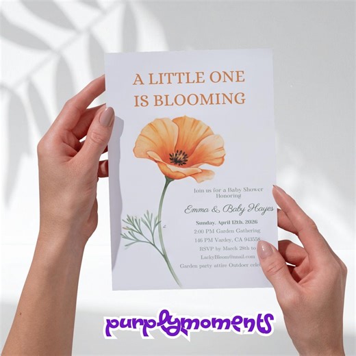 Watercolor Poppy Baby Shower Invitation, Minimalist Floral Template (digital Download - Etsy