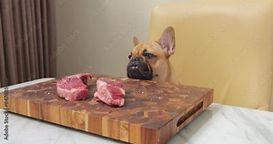 Cute puppy sits at dining table, watching raw beef steak chunks resting on cutting board. Surprised by falling salt granules, it curiously observes cooking process.