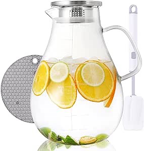 105oz/3 Liter Glass Pitcher with Lid,Glass Water Container with Precise Scale Line,Heat and Cold Resistance for Coffee, Juice, Hot/Cold Beverages,Lemonade and Milk(with Coaster and Brush)