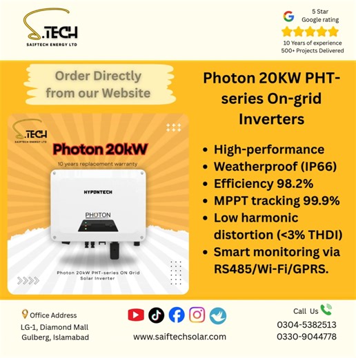 20 kW Photon Inverter Powerful, reliable, and built for long-term performance ,the 20 kW Photon Inverter is an ideal choice for commercial and medium-scale solar systems. • 20 kW three-phase on-grid output for strong and stable power delivery • High efficiency up to ~98.6% for maximum solar utilization • IP66 weatherproof design — dustproof and waterproof for outdoor use • Aluminum alloy body for superior heat dissipation and durability • EMI filters ensure stable output and reduced electrical i
