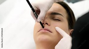The cosmetologist makes markings on the patient's face, drawing correction lines before the facial contouring procedure or plastic surgery. preparation time for cosmetic treatment.