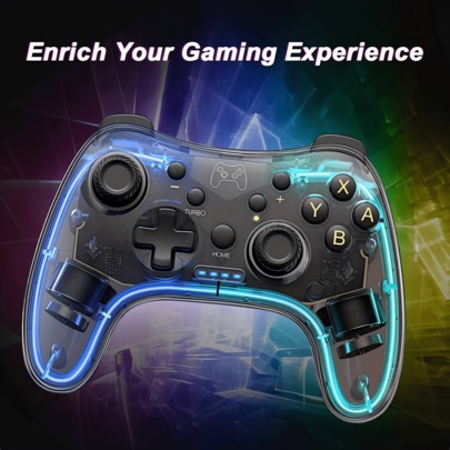 Manette de jeu sans fil transparente avec effet RVB, gyroscope 6 axes, joystick haute précision 360 degrés, double vibration, compatible avec Switch OLED/Lite, PC, Android, iOS. Volant à effet Hall, éclairage RVB éblouissant, conception ergonomique, accessoire de jeu, périphérique de jeu , matériau premium, jeu compétitif, contrôleur moderne, structure, joueur PC | SHEIN