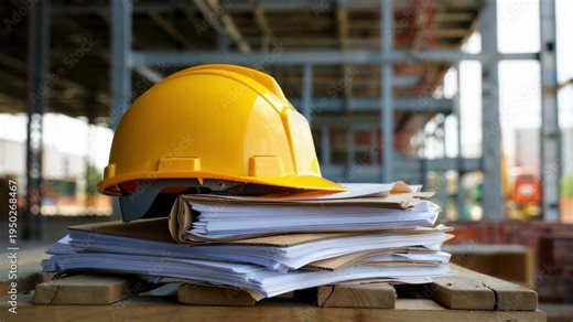 Construction hard hat on stacked blueprints on wooden planks, site plans permit folders, safety compliance documents, contractor records, project files, on-site supervision materials, permit