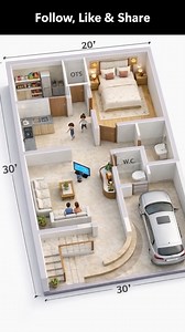 20 by 30 3D animation floor plan 1BHK with parking and external stairs. which shows you and give you clear ideas of how well designed and spaces used properly | Build It Fab