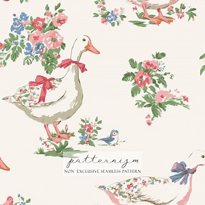 Watercolor Goose Floral Seamless Pattern Digital Paper – Cute Bow Goose Design With Vintage Flowers - Etsy