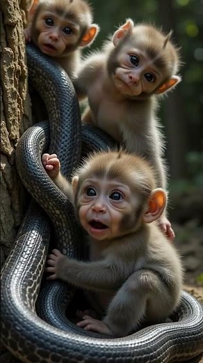 Heartbreaking Jungle Moment! Baby Monkey Trapped by Snake—Others Watch in Despair! #snakeattack