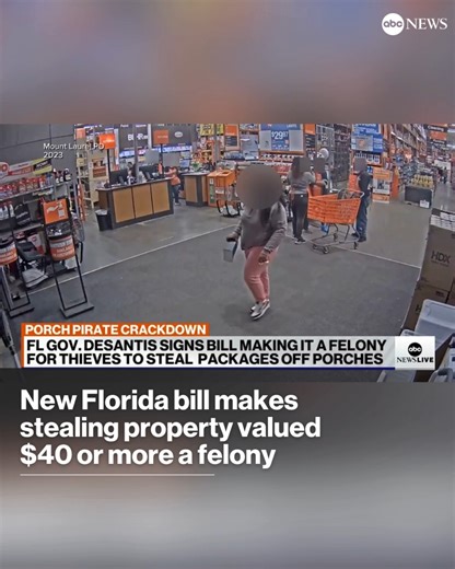 23K views · 630 reactions | Florida Gov. Ron DeSantis has signed a bill increasing penalties for retail theft and porch piracy. Soon, porch pirate theft in Florida for property valued at $40 or more will be considered a felony. "Someone's gonna have hell to pay for stealing," DeSantis said during a press conference this week in Stuart, Florida. The new Florida law goes into effect Oct. 1. https://abcnews.visitlink.me/8X5358 | ABC News | Facebook