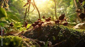 A group of ants standing together on top of a vibrant green forest, Ants following a pheromone trail in a lush forest, AI Generated