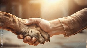 A human hand holding a dog paw touch gently, showing a bond of love and friendship between the human and the pet. The animation handshake represents affection and harmony with the abandoned animals