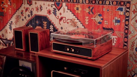 Vintage Record Player with External Speakers, 3-Speed Belt-Drive Turntable, Dual Stereo Sound, Bluetooth Input, PC Vinyl Recording, RCA Output, Bass/Treble Control, Auto-Stop,Red Wood
