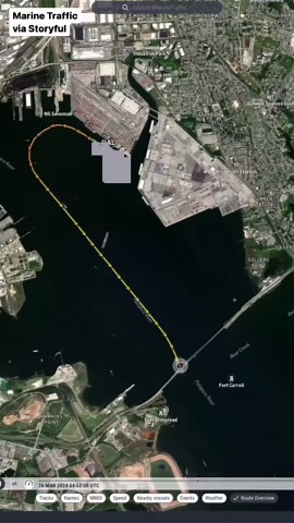 DEVELOPING NEWS | An animation provided by Marine Traffic, a global ship tracking and maritime analytics platform, showed the Singapore-flagged container vessel Dali leave the Port of Baltimore, before turning in the Patapsco River and heading towards the Francis Scott Key Bridge. The ship stops in the animation once it meets the bridge. Officials said two people were rescued, with one of those people said to be in very serious condition. The other person did not need medical treatment. | ABC 7 