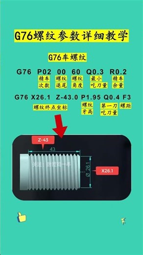 G76螺纹指令详细参数教学 还有很多人不理解 今天20秒教你 学会点赞 收藏 让我知道 下期想看哪个指令？欢迎在评论区留言#数控加工 #数控编程教学 #数控车床编程教学 #数控