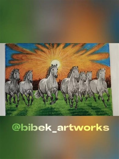 7 Horses Running Scenery Drawing with Oil Pastels #drawing #horse #pencildrawing #oilpastel
