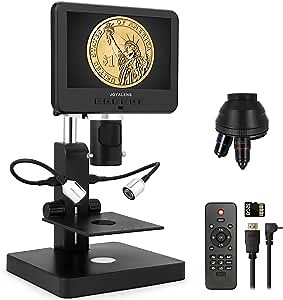 JL246PS 3 Lenses 7-Inch HDMI LCD Coin Digital Microscope UHD 4000× 24MP, Coin Microscope for Full Size Coin Error Coins, Biological Microscope with Prepared Slides Kit, PC Support, 32GB