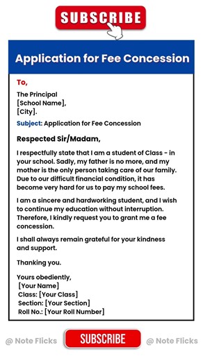 Application for Full Fee Concession in English | Fee Concession Application | Letter to Principal