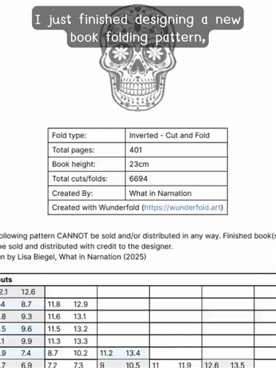 POV: you design a new book folding pattern and immediately have to test the chaos 😅📖✂️ Measure, mark, cut, fold, crease… repeat until the magic starts peeking through the pages. This one’s an inverted cut & fold and the detail is already making me excited to see the final reveal. Also yes… I still call this step giving the book eyelashes. What do we think so far? #whatinnarnation #bookfolding #bookfoldingart #bookfoldingtutorial #foldingtutorial #sugarskull #skullart #canadianmade