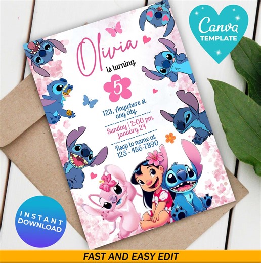 Editable Angel & Stitch Birthday Invitation, Printable Template, Lilo and Stitch Birthday Party Invite, Canva Template, Instant Download - Etsy