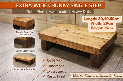 Chunky Wooden Step Stool 16cm Height | Kids Step Stool | Bathroom Kitchen Helper | Extra Wide Solid Wood Stool UK Handmade - Etsy