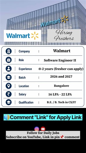 🚨 Walmart Hiring 2026 🔥 Software Engineer II | 2026 and 2027 Passouts | Bangalore #walmart #job #sde