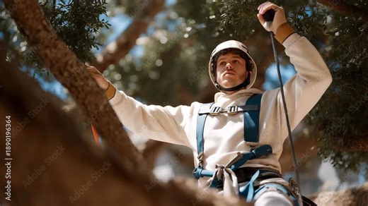 Urban forestry services show an arborist navigating branches with specialized climbing gear, methodically trimming damaged or overgrown trees. cinematic color correction, natural uneven lighting