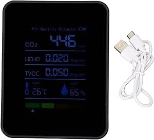 5-in-1 CO2 Detector Carbon Dioxide Monitor Battery Operated Indoor Air Quality Meter Portable Digital HCHO TVOC Temp Humidity Sensor Data Logging Function for Home Office Use