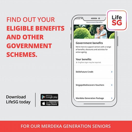 Enjoy your silver years with easy access to your eligible government benefits and schemes on the LifeSG app. Download the LifeSG app today to use your Merdeka Generation eCard for discounts and find more information & services that are relevant to you. #LifeSG #SimpleServicesBetterLives | GovTech (Government Technology Agency of Singapore)