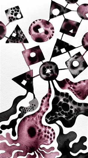 Elif Zaim on Instagram: "Wet on wet / Ink on paper ▫️30 x 52 cm ▫️2026 TR This art piece is composed using the wet-on-wet technique with ink. Organic ink spreads are positioned within geometric modules, balancing structured form with fluid spontaneity. The surface evokes microscopic textures, cellular networks, and neural patterns. The work references bio-art, Op Art, and fluid dynamics, while also embracing the intuitive nature of traditional Eastern ink painting. This interplay offers a percep