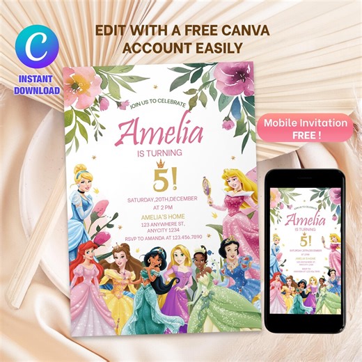 Princess Birthday Invitation, Disney Princess Invitation, Birthday Invitation, Digital Invitation, Printable Birthday Invitation - Etsy