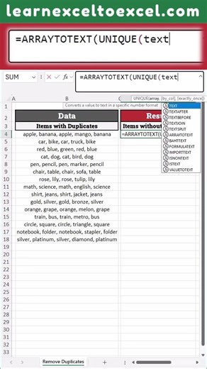 Remove Duplicates with Excel Formula from Comma Separated Values within a Cell #Excel #UNIQUE #CSV